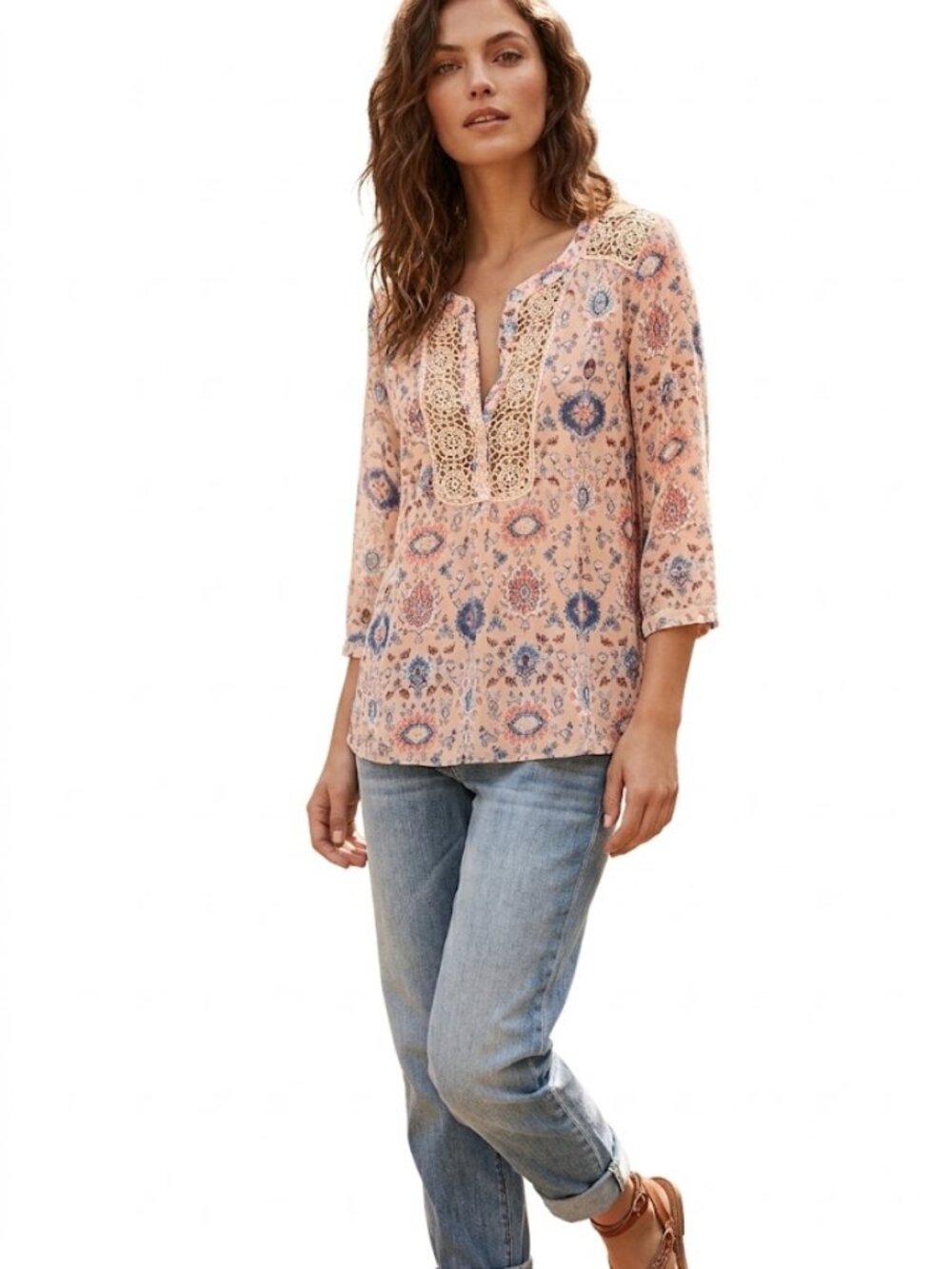 Anthropologie Maeve Shirt Women Floral Crochet V-neck Top Bohemian Blouse sz 8